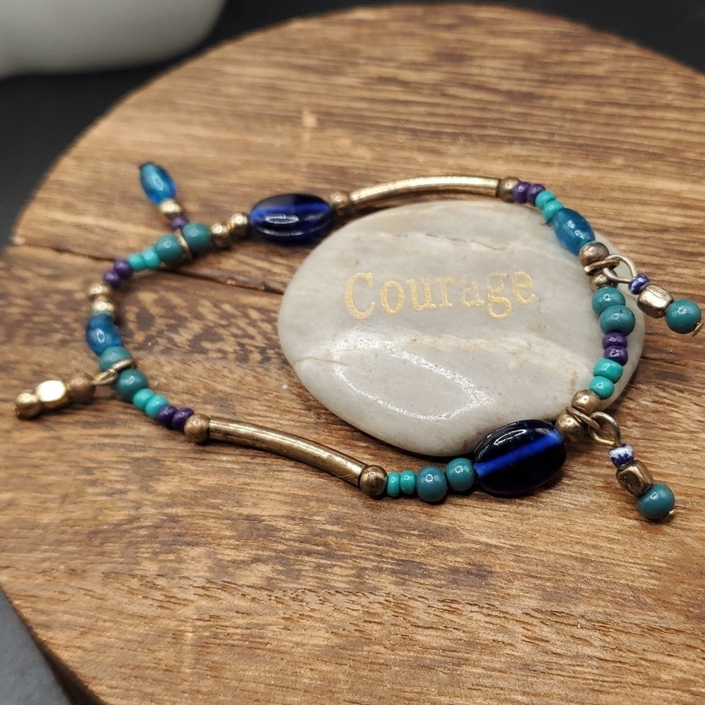 Blue‎ seaglass tahitian tiki bracelet B3121